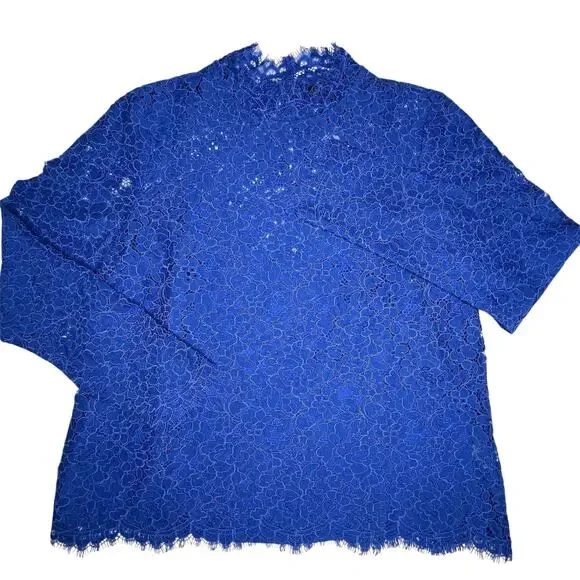 J. Crew Lace Top Long Sleeve Blue size 8 scalloped mock neck New - Picture 6 of 10